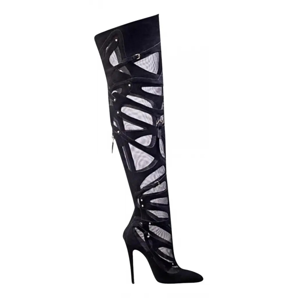 Brian Atwood black suede mesh thigh high over knee OTK boot zipper sz 38.5